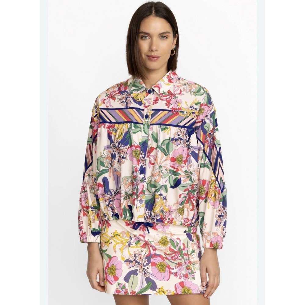 JOHNNY WAS New Jacket Bee Active Ruched LARGE Aldrich Floral Snap Bomber A9724-4